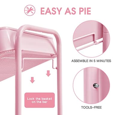 TOOLF 3-Tier Metal Rolling Cart with Wheels, Storage Utility Organizer Cart for Kitchen, Bathroom, Office, Baby Essentials & Makeup - Lockable Casters, Easy Assembly, Large Capacity, Pink - Image 3