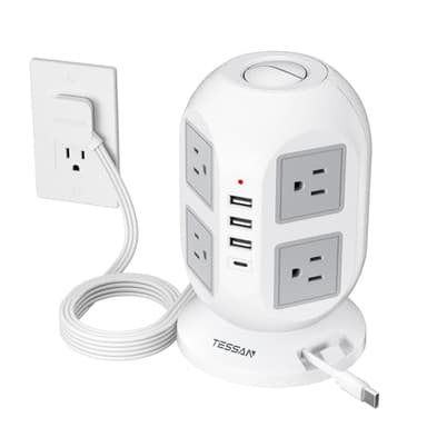 Tower Power Strip Surge Protector 10 Ft, TESSAN Flat Plug Extension Cord with Multiple Outlets, 8 AC Outlets, 4 USB Ports, 1 Built-in USB Cable, Desk Charging Station for Home Dorm Office - Image 1