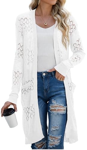 GRECERELLE Womens Lightweight Summer Long Cardigans Long Sleeve Casual Crochet Open-Front Sweater with Pockets, White, Large - Image 1