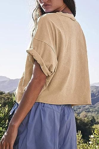 Carpetcom Oversized Workout Shirts for Women Short Sleeve Drop Shoulder Soft Basic Crop Tops Baggy Gym Yoga Sport Tee Black Light Khaki - Image 4