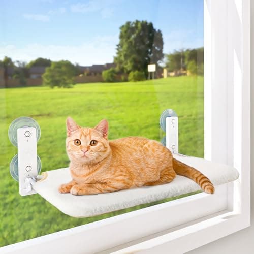 AMOSIJOY Cordless Cat Window Perch, Cat Hammock for Wall with 4 Strong Suction Cups, Solid Metal Frame and Reversible Cover, Foldable Cat Beds for Indoor Cats (Medium-White) - Image 1