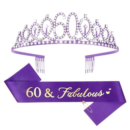CIEHER 60th Birthday Crown and Sash - Purple 60th Decorations Women's 60 & Fabulous Sash - Image 1