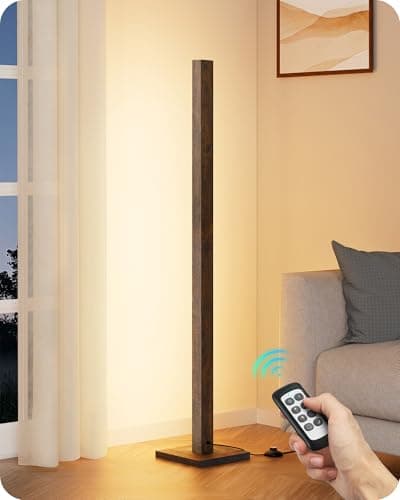 EDISHINE Wooden LED Corner Floor Lamp, Modern Standing Light with Remote, Minimalist Dimmable Floor Lamps for Living Room, Bedroom, Office, 7 Color Temperature 2700~6000K, 48.43" - Image 1
