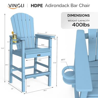 VINGLI Tall Adirondack Chairs Set of 2 HDPE Adirondack Bar Stools with Cup Holders, Poly Deck Chairs Outdoor Bar Stools, 350LBS Capacity (Blue, 2 PCS) - Image 3