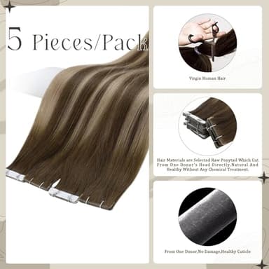 Full Shine Virgin Injection Tape in Hair Extensions Real Human Hair Color 4/27/4 Balayage Tape in Extensions 16 Inch Machine Remy Seamless Human 5Pcs 10Gram Invisible Injected - Image 2