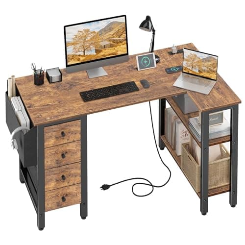 Lufeiya L Shaped Desk with Drawers & Storage Shelves, 47 Inch Small Reversible Corner Desk with Power Outlet for Home Office Bedroom, L-Shaped Gaming PC Computer Desks with Fabric Drawer, Rustic Brown - Image 1