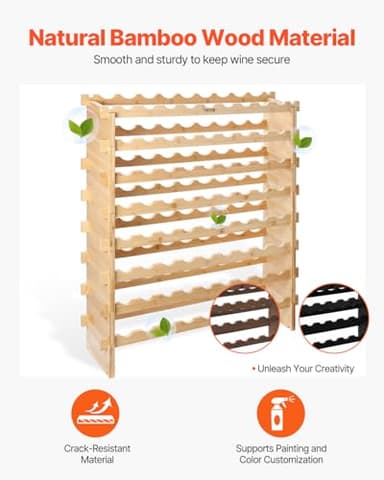 VEVOR 8-Tier 72 Bottles Stackable Modular Wine Rack, Freestanding Wines Holder Display Shelf, Solid Bamboo Wood Storage Racks, Wobble-Free Shelves for Kitchens, Dining Rooms, Cellars, Natural Color - Image 8