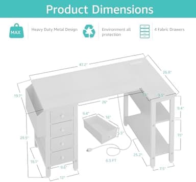 Lufeiya White L Shaped Computer Desk with Drawers & Storage Shelves, 47 Inch Corner Reversible Desk with Power Outlet for Home Office Bedroom, L-Shaped Teen PC Desks with Fabric Drawer, White - Image 3