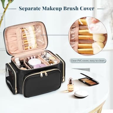 Bagmoly Large Makeup Bag, Portable Travel Makeup Bag Organizer for Women Girls with Makeup Brush Compartment & Two Side Pockets, Cosmetic Travel Bag Vertical Storage Toiletry Bag - Black - Image 3