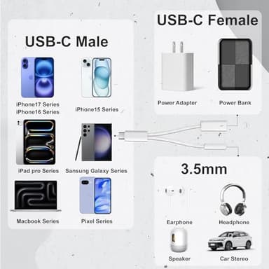 KikoSaka USB C to 3.5mm Audio Adapter 2 in 1 USBC to Headphone Jack Adapter with PD Fast Charging Dongle Cable Type C to Aux for iPhone 17 16 15, Galaxy - Image 6