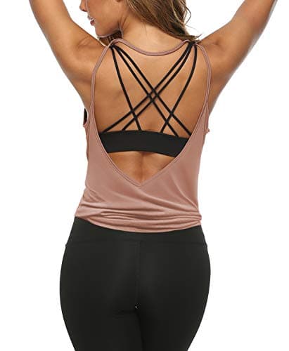 LEXISLOVE Womens Summer Workout Tank Tops Sexy Open Back Backless Yoga Shirt Activewear Workout Clothes Running Sports Gym Loose Cute V Neck Sleeveless Beach Tops Bisque XL - Image 1