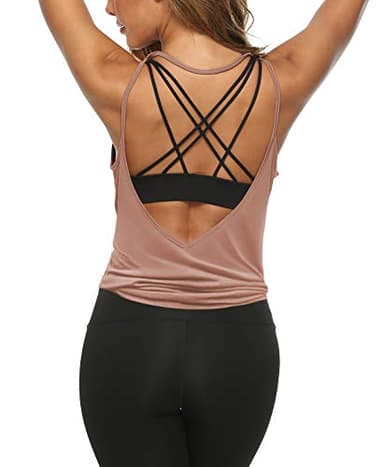 LEXISLOVE Womens Summer Workout Tank Tops Sexy Open Back Backless Yoga Shirt Activewear Workout Clothes Running Sports Gym Loose Cute V Neck Sleeveless Beach Tops Bisque XL - Image 1