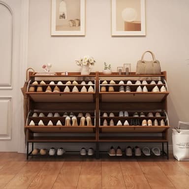 AVZEAR Narrow Shoe Storage Cabinet for Entryway with 2 Flip Drawers, Freestanding Shoe Cabinet with Natural Linen Panel, Slim Wood Shoe Organizer Closed Shoe Rack for Hallway, Foyer(Walnut) - Image 8