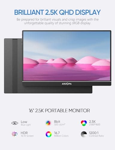 ARZOPA 16" 2.5K Portable Monitor, 2560x1600 QHD IPS Display 123% sRGB with Built-in Stand USB-C HDMI Eye Care External Second Screen for Mac Laptop Phone PS4/5 Xbox Switch -Z1RC - Image 3