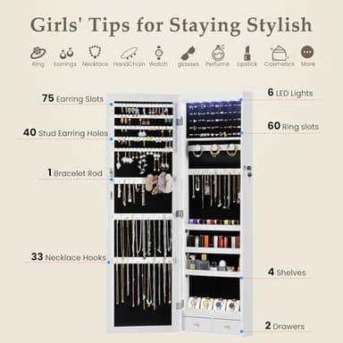 DUMOS 6 LEDs Mirror Jewelry Cabinet, Wall or Door Mounted Jewelry Organizer, 47.2-Inch Tall Lockable Large Capacity Cosmetic Storage, Gift Idea, White - Image 3