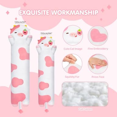 Mewaii Long Cow Plush 5 Sizes, 120% Extra Filling Giant Plushness Kids Body Pillow, Kawaii Cute Strawberry Cow Stuffed Animals Plushies, Big Long Body Pillow Cat Plush Gift for Girls 53” - Image 3