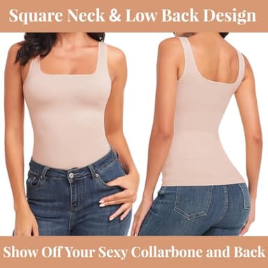 EUYZOU Women's Tummy Control Shapewear Tank Tops Seamless Square Neck Compression Tops Slimming Body Shaper Camisole - Light Pink L - Image 4