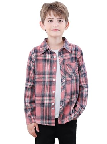 SANGTREE Boys Long Sleeves Flannel Plaid Button Down Shirt Tops Pink Plaid, 12-18 Months = Tag 80 - Image 1