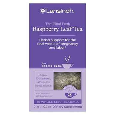 Lansinoh + HotTea Mama Final Push Tea, Red Raspberry Leaf Tea + Peppermint, for Labor and Delivery Prep, Caffeine-free, Sugar-Free, Pregnancy Must Haves, Includes 14 Tea Sachets - Image 1