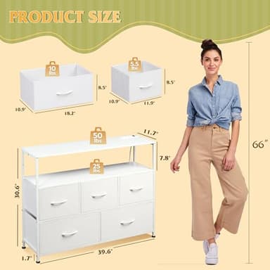 WLIVE White Dresser for Bedroom, 5 Drawer Dressers with Charging Station, Fabric Chest of Drawers with Open Shelves, Storage Dresser for Living Room, Closet, Entryway - Image 3