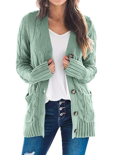 PRETTYGARDEN Women's Open Front Cardigan Sweaters Fall Fashion Button Down Cable Knit Chunky Winter Clothing Outerwear Coats (Green,Medium) - Image 1