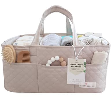 Lily Miles Baby Diaper Caddy Organizer, Quilted Nursery Storage Organizer for Newborn Essentials and Diaper Changing Station, Gift for Baby Shower and Registry Must-Have (Soft Sand) - Image 1