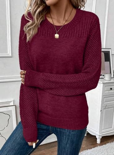 EVALESS Womens Sweaters Casual Long Sleeve Crewneck Cable Knit Lightweight Oversized Crochet Sweater Pullover Tops Burgundy Large - Image 4