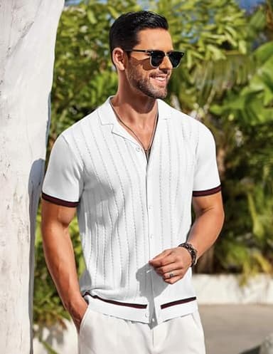 COOFANDY Summer Shirt for Men Vintage Polo Shirts Short Sleeve Knit Button Down Shirt White - Image 3
