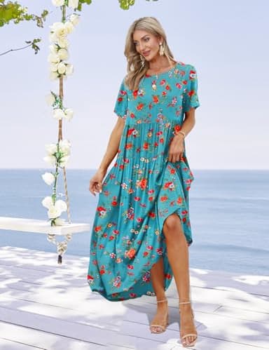 YESNO Women Casual Loose Bohemian Floral Dress with Pockets Short Sleeve Long Maxi Summer Beach Swing Dress XL EJF CR14 - Image 5
