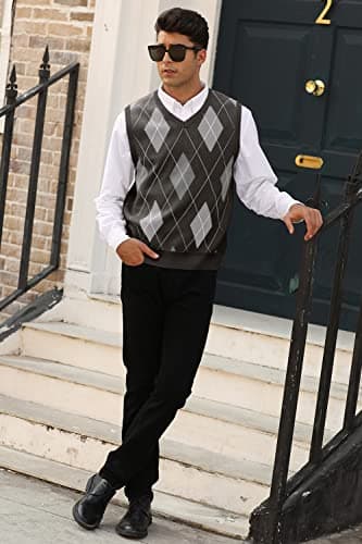 Mens Argyle Knitwear Vest V Neck Sleeveless Casual Slim Fit Pullover Knitted Sweater - Image 4