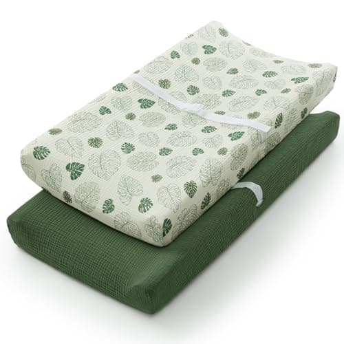 Blissful Diary Muslin Changing Pad Cover for Girls Boys, Ultra Soft Breathable Cotton, Baby Diaper Change Table Pad Covers, 2Pack (Monstera Leaves&Dark Green) - Image 1