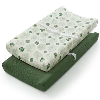 Blissful Diary Muslin Changing Pad Cover for Girls Boys, Ultra Soft Breathable Cotton, Baby Diaper Change Table Pad Covers, 2Pack (Monstera Leaves&Dark Green) - Image 1