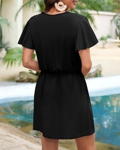 Charmo Swim Cover up for Women Ruffle Drawstring Elastic Swimwear Sundress Beach V Neck Bathing Suit Cover Up Black L - Image 3