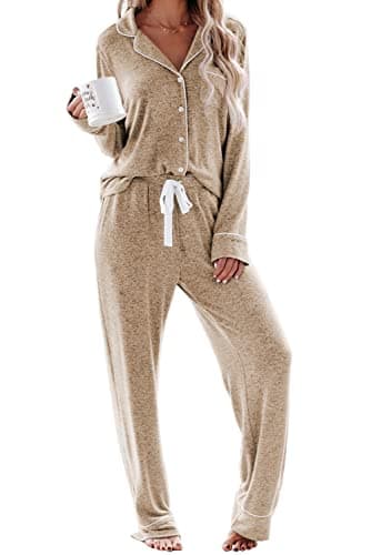 Aamikast Women's Pajama Sets Long Sleeve Button Down Sleepwear Nightwear Soft Pjs Lounge Sets (Large, light brown) - Image 1