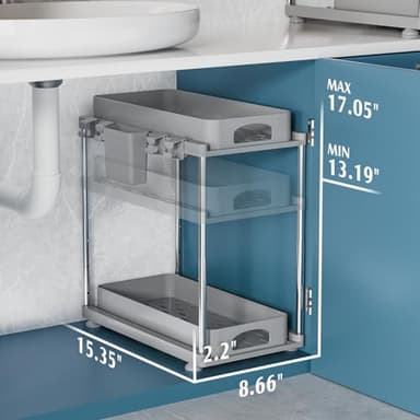 VERIFOST 2 Pack Adjustable Gray Under Sink Organizers, 2 Tier Pull Out Storage, Kitchen Bathroom Office Laundry Room Living Room - Image 6