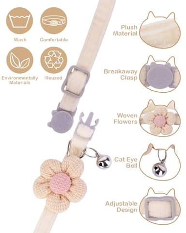 Cat Collar With Flower for Girls and Boys, Breakaway With Bells, Adjustable Kitten Collar, Cute (Beige, Breakaway) - Image 2