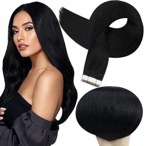 Full Shine Real Human Hair Tape in Extensions Black 24Inch Double Sided for Skin Weft Tape in Hair Extensions 20Pcs 50Gram Color 1 Jet Black Seamless Hair Extensions Real Human Hair Straight - Image 1
