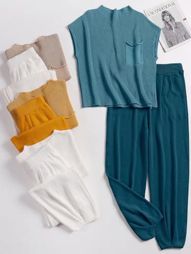 ANRABESS Women's Two Piece Outfits Knit Sweater Vest Crop Top Pants Lounge Matching Tracksuit Sweatsuit Travel Clothes Sets Blue X-Large - Image 8