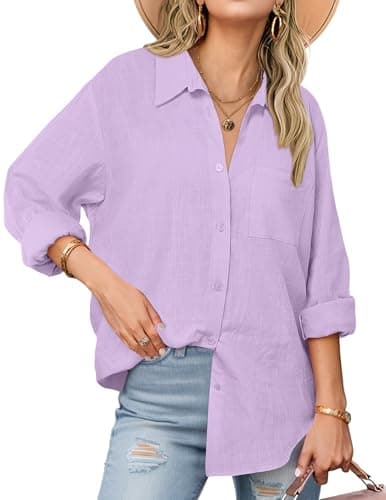 Zeagoo Womens Summer Tops Long Sleeves Linen Shirt Oversized Button Up Cotton Blouses Lavender - Image 1