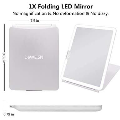 deweisn Folding Lighted Makeup Mirror with 72 LEDs 3 Colors Light Modes USB Rechargable 1800mA Batteries Portable Ultra Thin Compact Vanity Mirror Dimmable Travel Mirror - Image 2