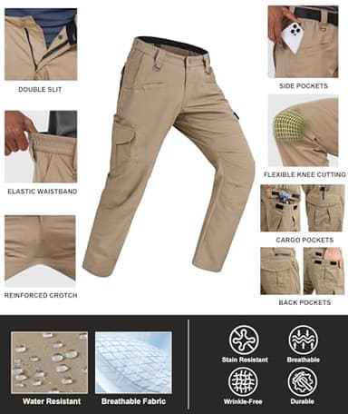 Zoofly Cargo Pants for Men Elastic Waist Ripstop Tactical Pants for Men Polyester Waterproof Moto Pants with Pockets Khaki 36W*30L - Image 4