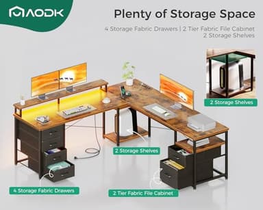 AODK 66" L Shaped Computer Desk, 113“ Reversible Home Office Desk with File Cabinet & 4 Fabric Drawers, Two Person Desk with LED Lights & Power Outlet, Corner Gaming Desk with Monitor Shelf, Vintage - Image 3