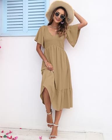 AUSELILY Women's Summer Empire Waist Dress Smocked Flutter Short Sleeve V Neck Midi Dresses 2025 New Camel XL - Image 4