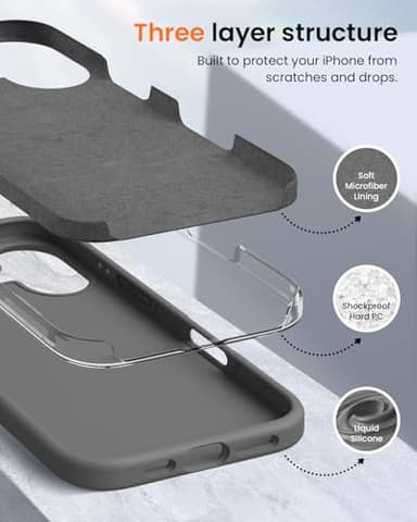 OuXul Designed for iPhone 16 Case 6.1"- Slim Liquid Silicone Cover with [Soft Anti-Scratch Microfiber Lining], Shockproof 3-Layer Full Protection (Charcoal Gray) - Image 4