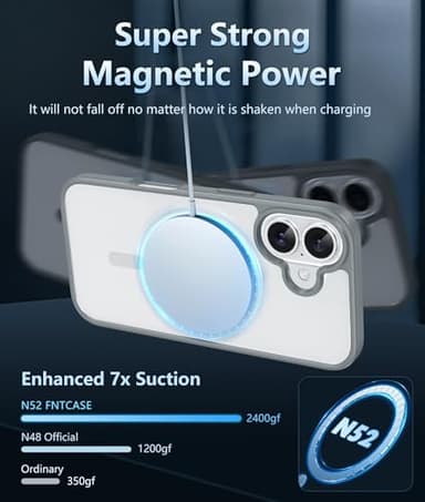 FNTCASE for iPhone 16 Phone Case: Clear Magnetic Military Grade Drop Protection Anti Yellowing Slim Case - Rugged Shockproof Protective Transparent Cell Phone Cover(Gray) - Image 3