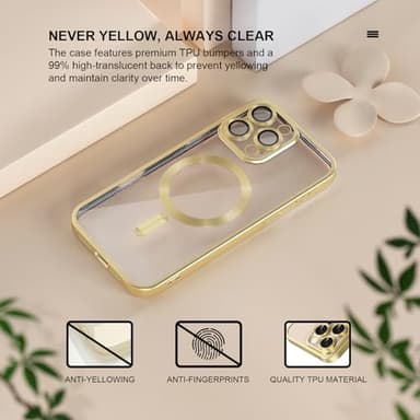Misea Magnetic for iPhone 16 Pro Max Case Compatible with MagSafe [Never Yellowing] [Military Grade Drop Protection] Full Camera Lens Protector Plating Soft Clear Phone Case for Women, Titanium Gold - Image 3