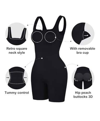 Popilush Rompers for Women Built-in Bra Square Neck Shorts Jumpsuits Bodycon Shapewear Bodysuits Summer Outfits Black - Image 3