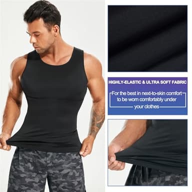 Mens Compression Shirt Slimming Body Shaper Vest Workout Tank Tops Abs Abdomen Undershirts 2 Packs - Black+Black, Large - Image 3