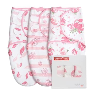 GLLQUEN BABY Girl Swaddles 0-3 Months - 3 Pack Baby Swaddles Sack for Newborn, Infant Sleep Sack, Easy Swaddling Wrap, A Pink Floral, Nursery Swaddle Blankets Essentials - Image 1