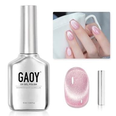 GAOY Cat Eye Gel Nail Polish, 16ml Pink Glitter Holographic Nail Polish with Magnet, Reflective Translucent UV Gel, 2219 Dazzling Pink - Image 1
